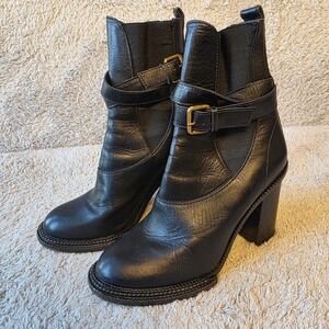 Derek‎ Lam Black Leather High Ankle Boots Buckles Heeled Western Booties WU 37.5